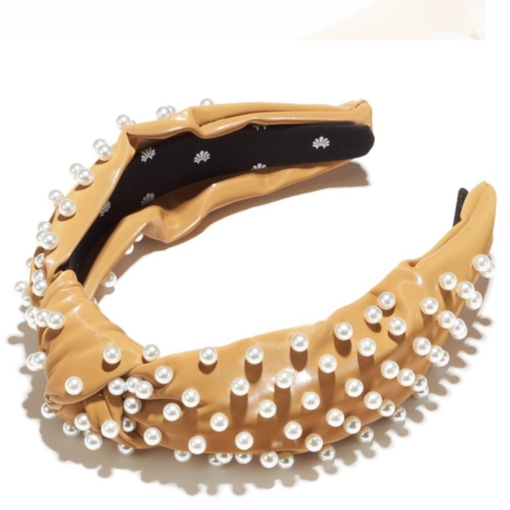 Lele Sadoughi GINGERBREAD FAUX LEATHER PEARL HEADBAND